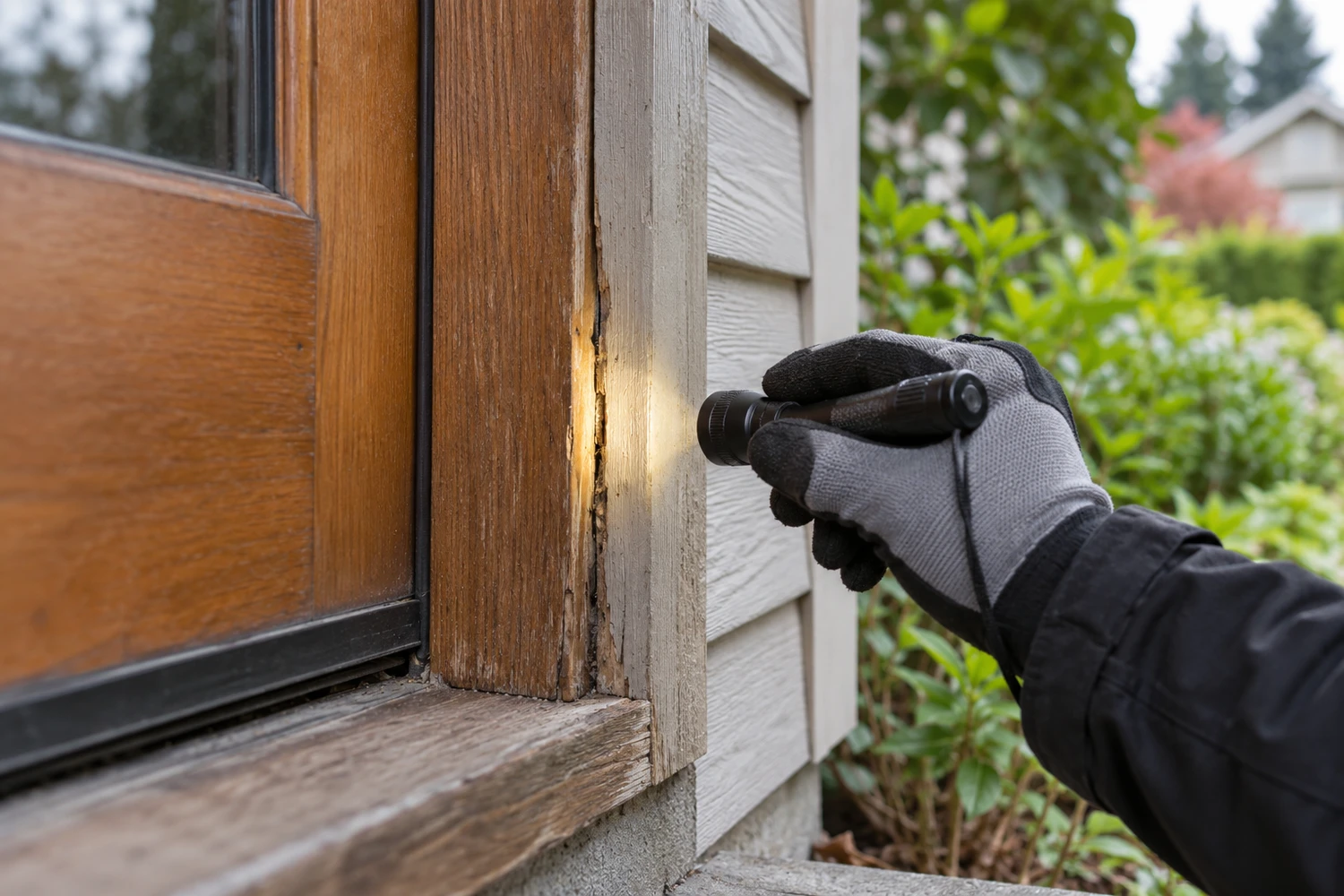 Illustration of a wooden exterior door frame being checked for ant activity.