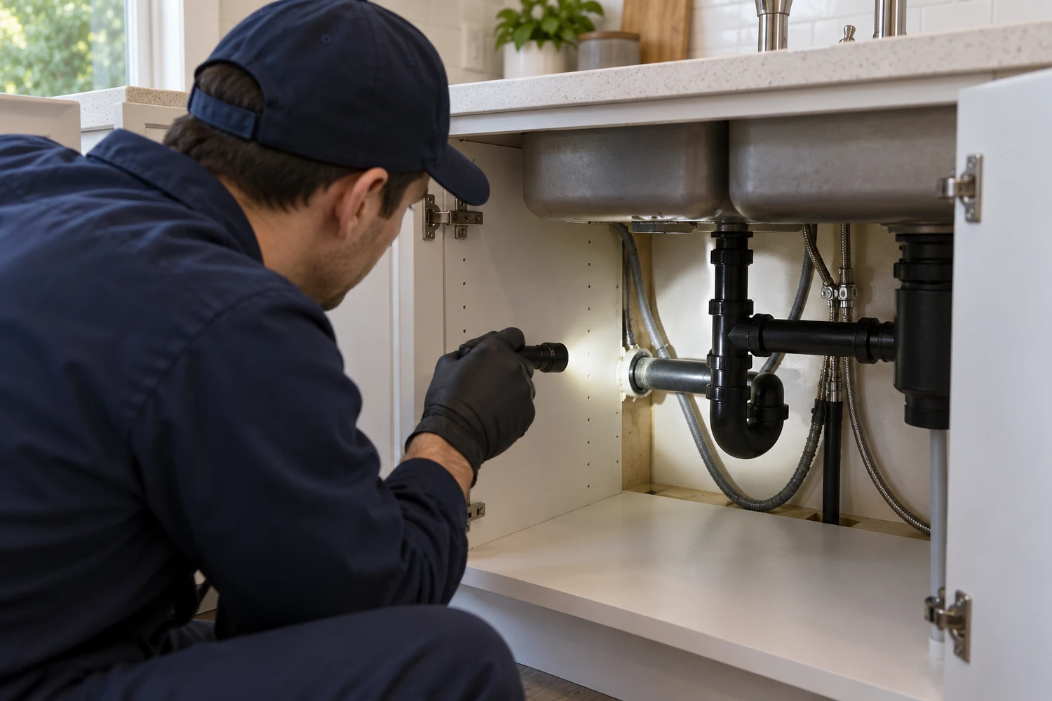 Illustration of a technician inspecting plumbing openings beneath a kitchen sink.