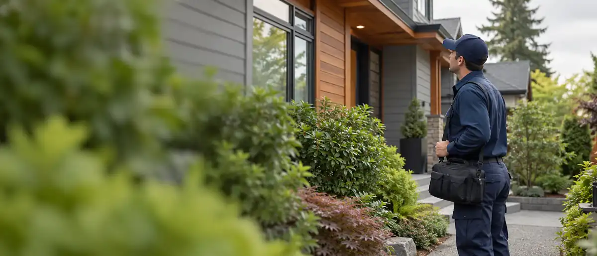 Illustration of a pest control technician outside a Richmond-style home.