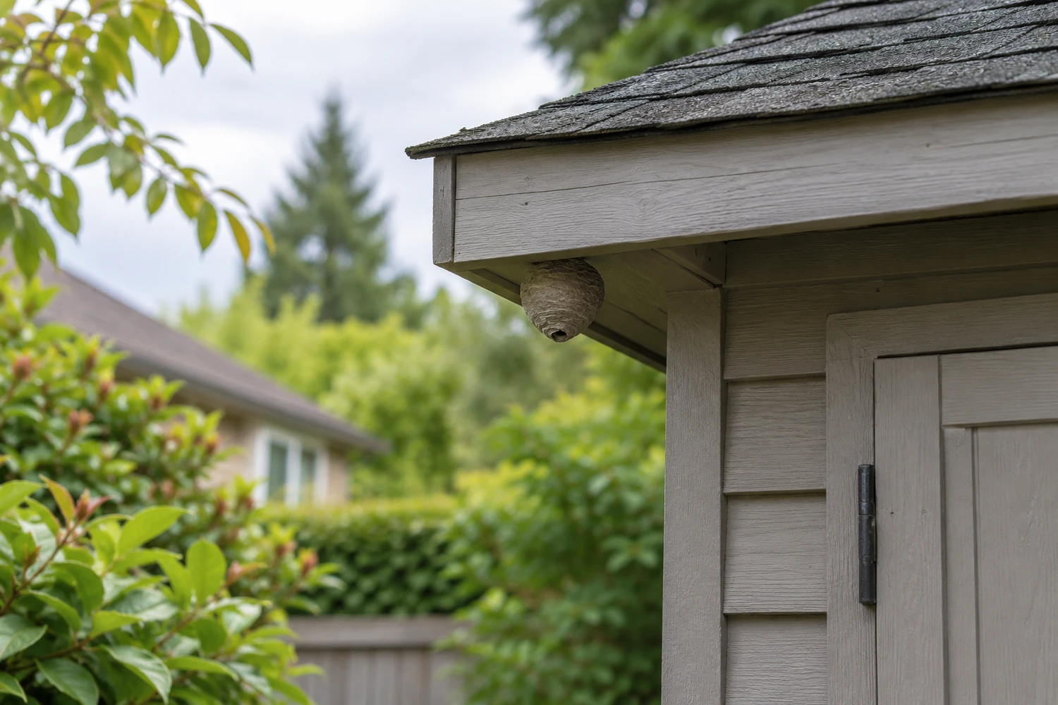 Illustration of a small paper wasp nest beneath a garden shed roof.
