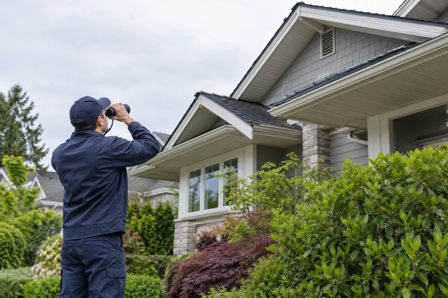 Illustration of a technician inspecting a roofline from the ground with binoculars.
